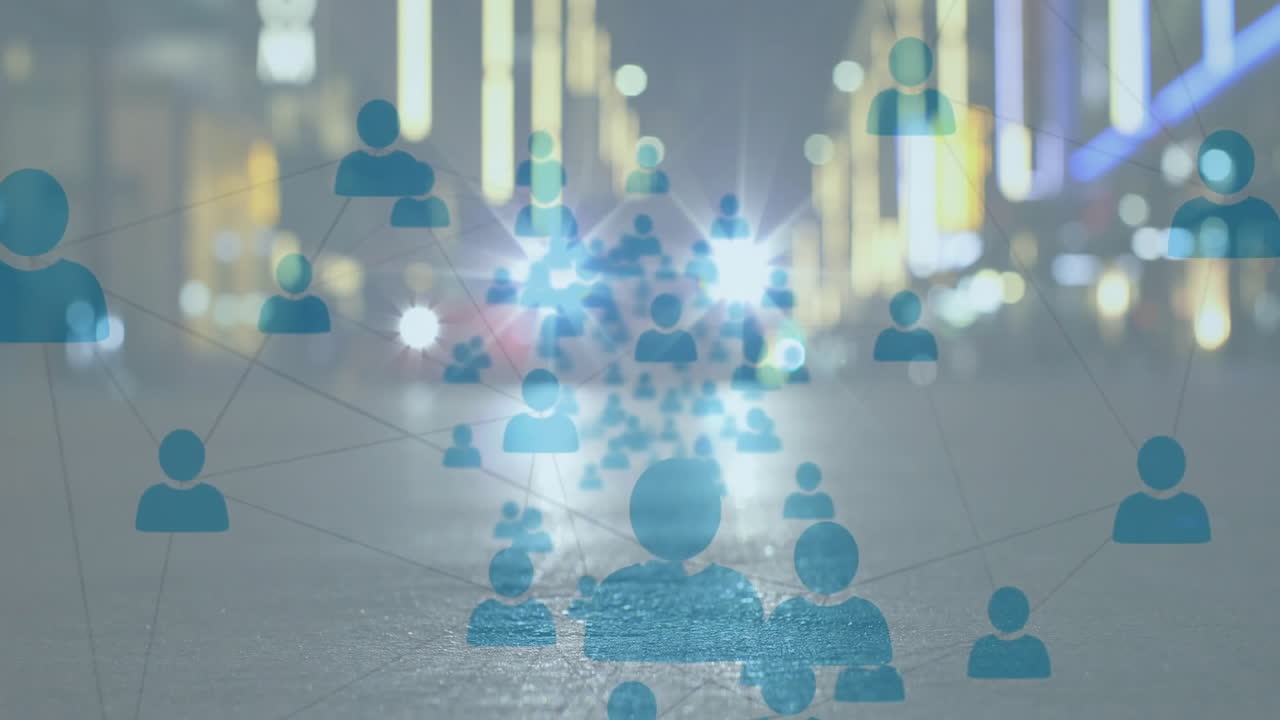 Network of connections and data processing animation over city street at night