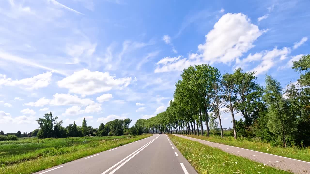 Sunny drive through rural Zaandam, Netherlands, with lush greenery, blue sky, and moving perspective