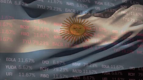 Animation-of-trading-board-over-waving-flag-of-argentina-against-black-background