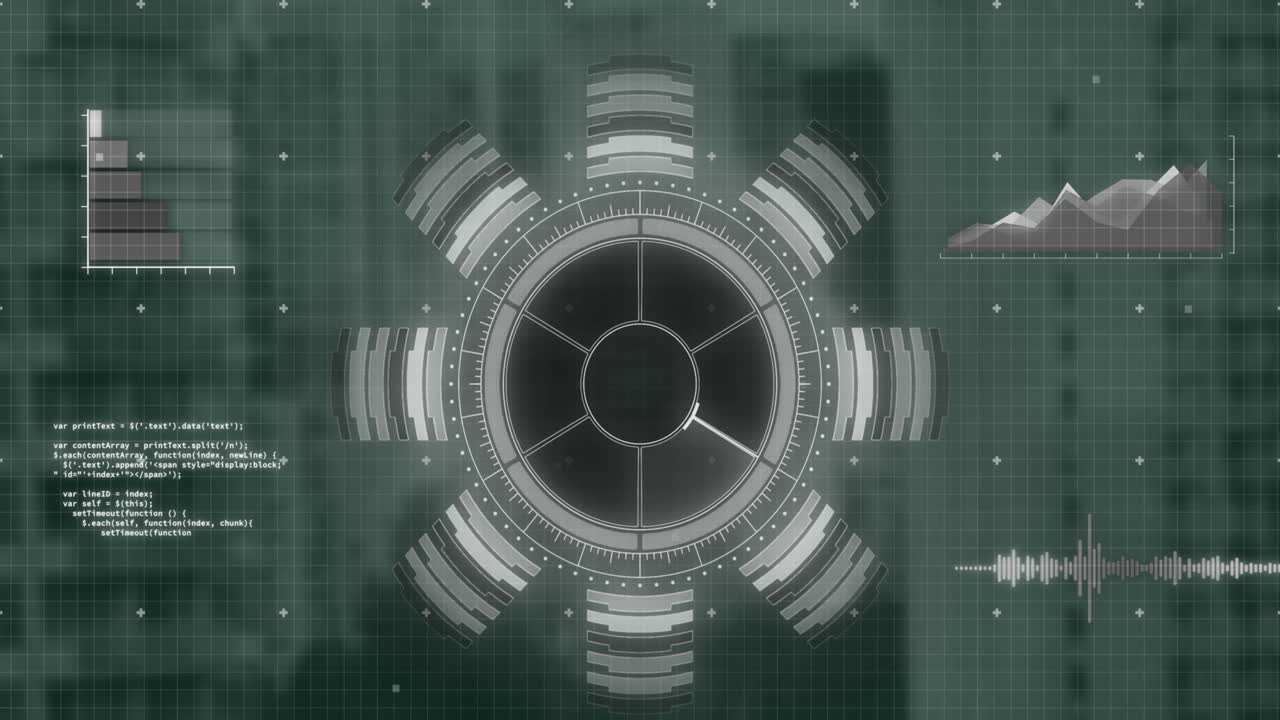 고층 건물에 대한 둥근 스캐너 및 데이터 처리의 애니메이션