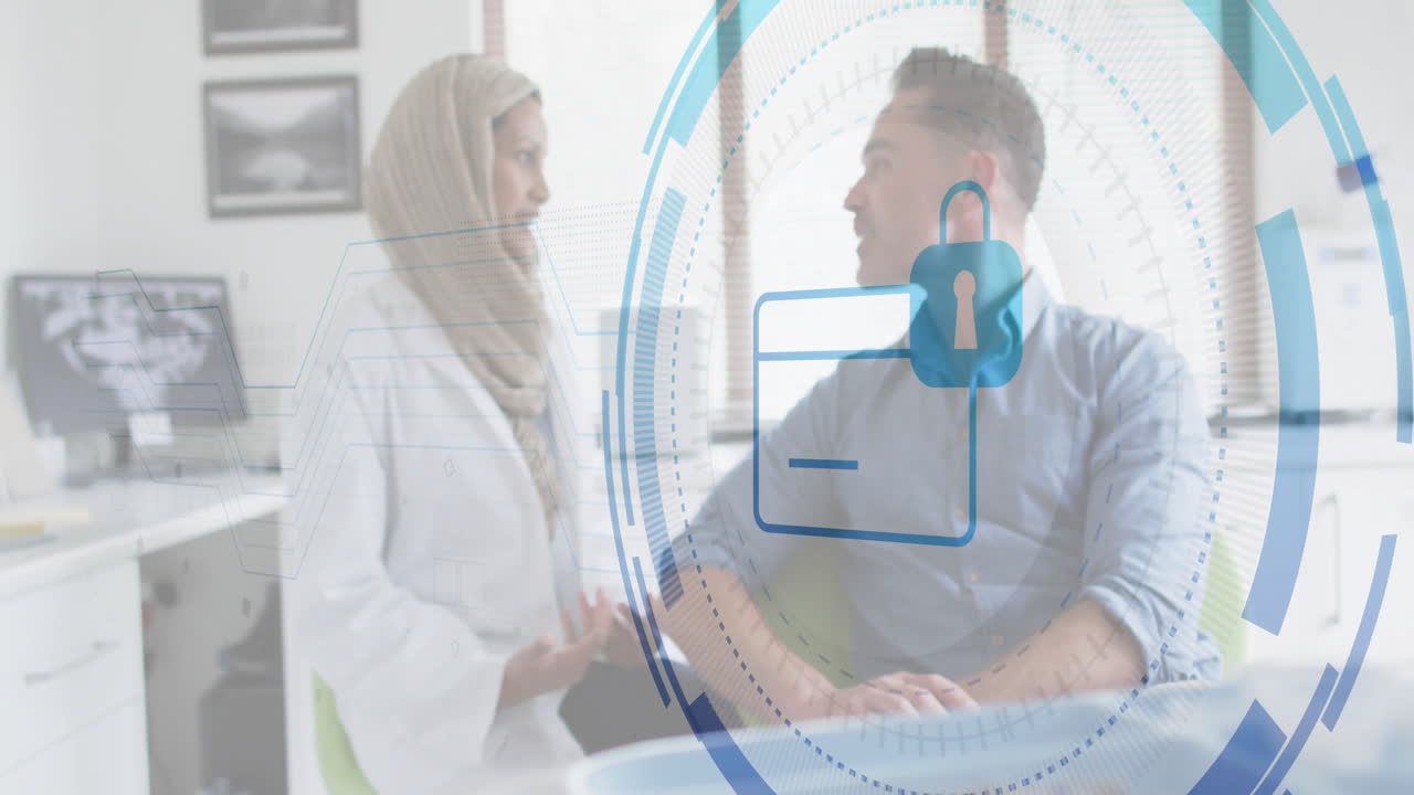 female doctor wearing hijab consulting patient in health clinic, showing padlock and card icons