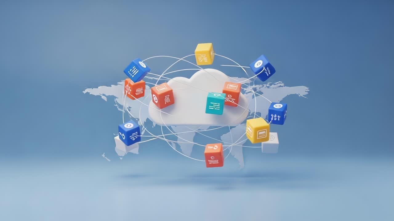 En futuristisk repræsentation af Cloudcomputing med datablokke og global forbindelse, der fremhæver vigtigheden af digital teknologi i den moderne verden.