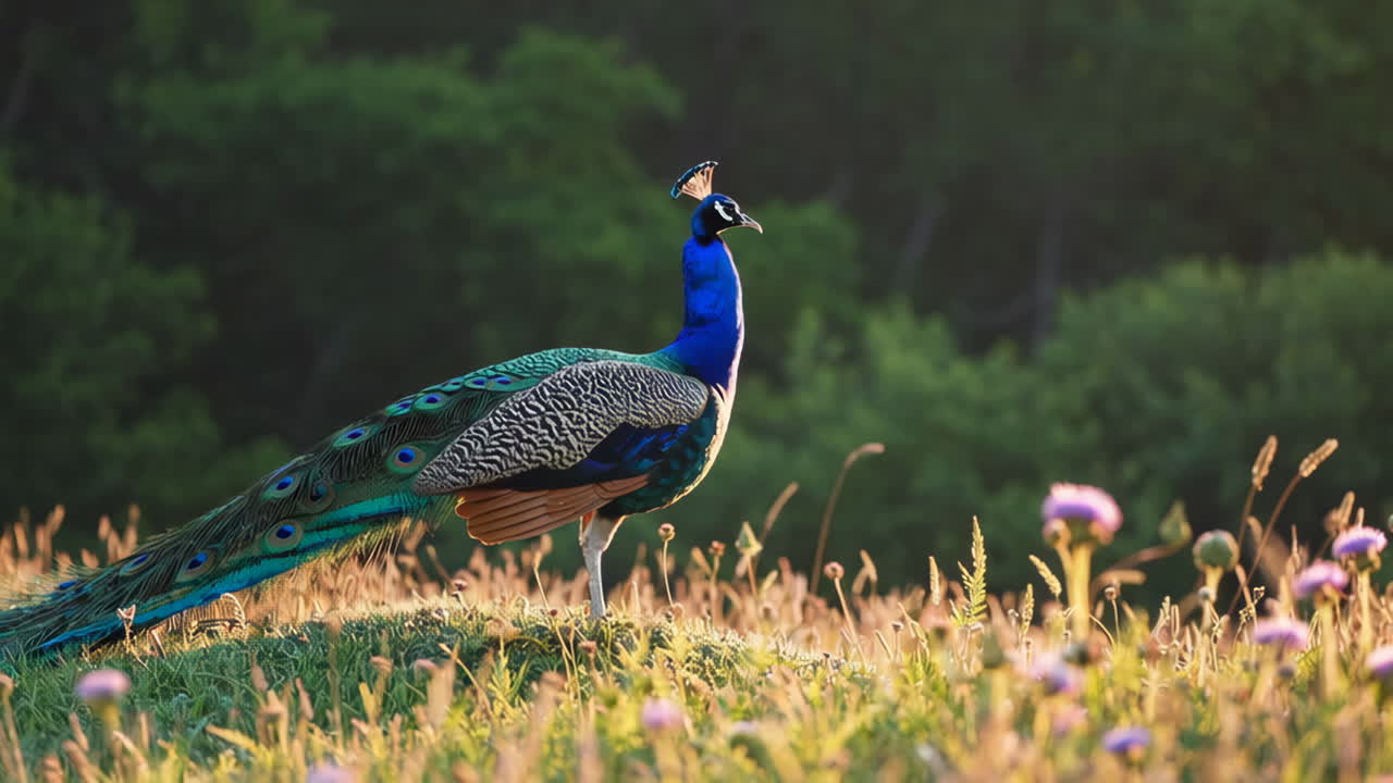 Vibrant Peacock in a Grassy Field