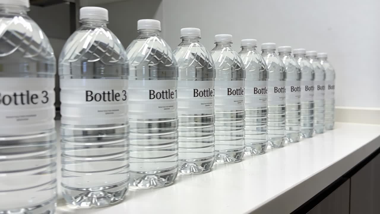 Camera draait naar rechts, een rij gelabelde waterflessen beweegt langs het aanrecht, waardoor het etiket van Fles3 zichtbaar wordt.