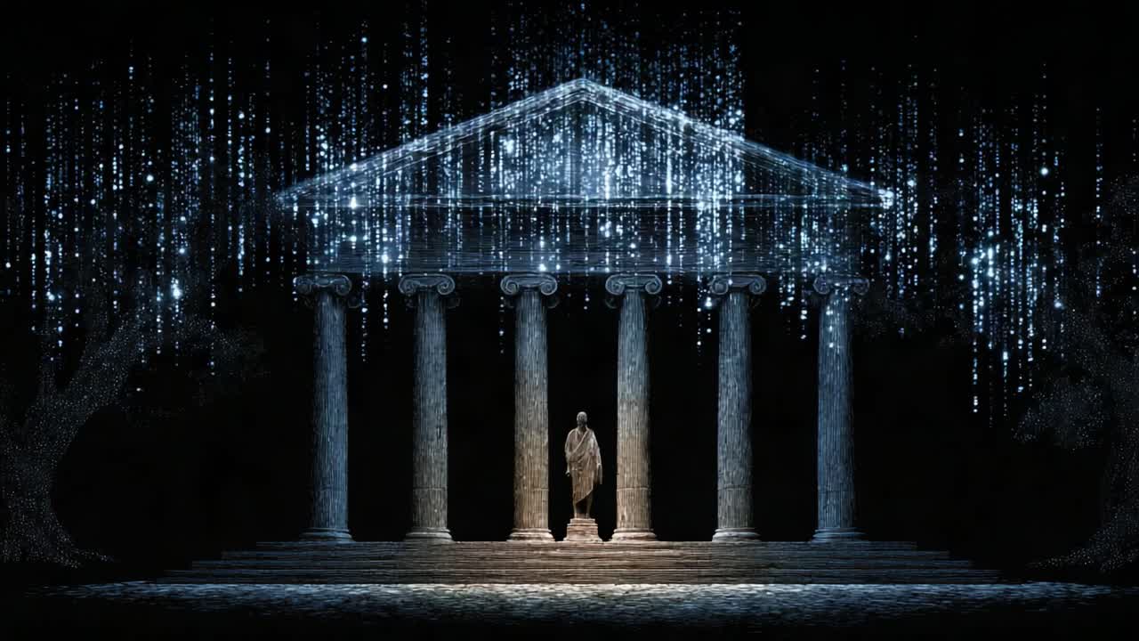 A Mystic Encounter: A Silhouette Standing Before a Majestic Temple, Illuminated by Enchanting Light Effects in a Darkened Atmosphere