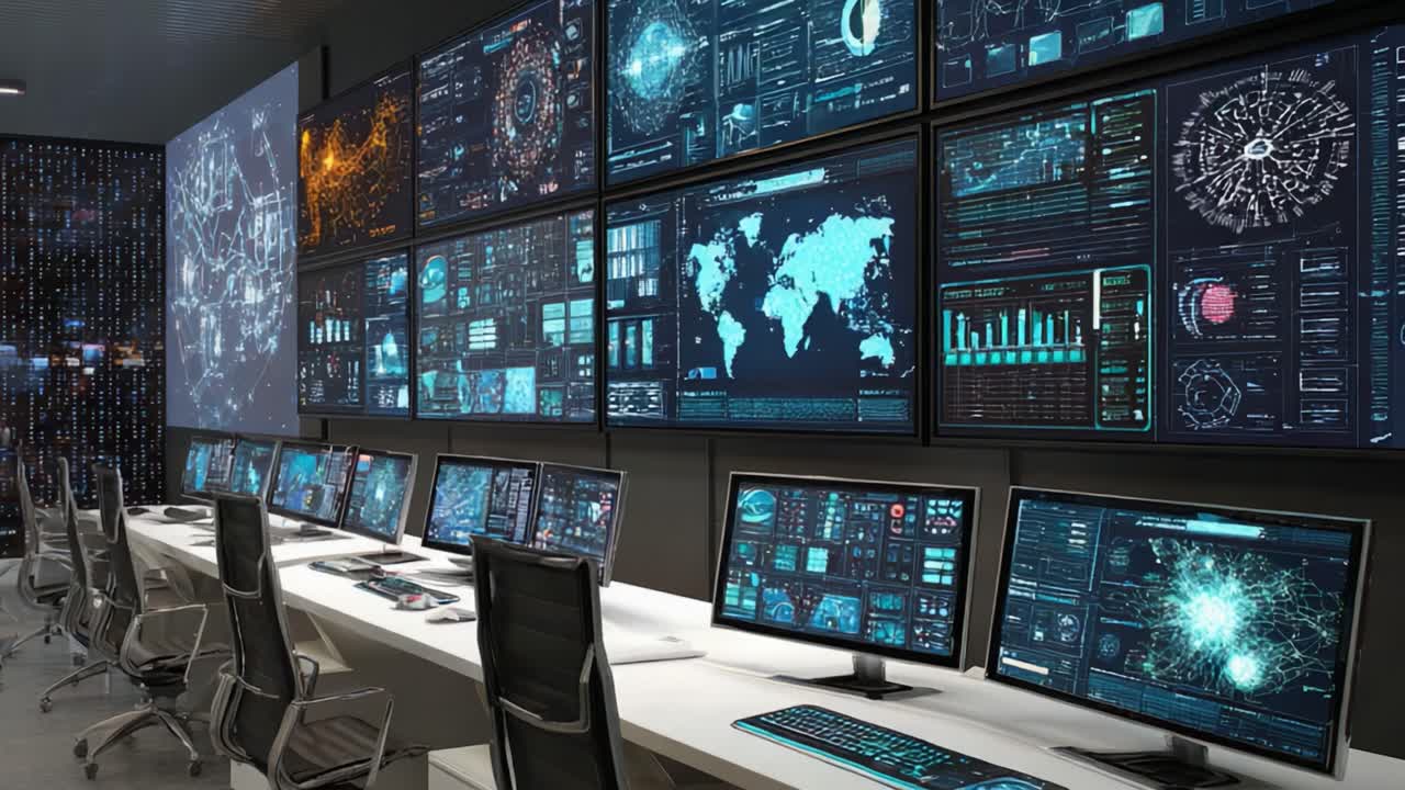 Sala operazioni high-tech che mostra visualizzazioni di dati avanzate e pannelli analitici per il monitoraggio in tempo reale e il processo decisionale in un ambiente digitale.