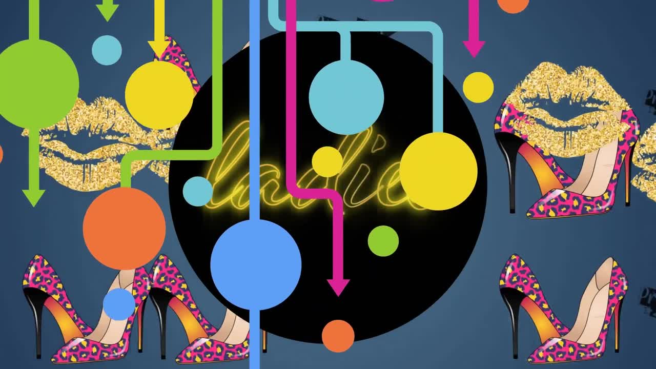 파란색 배경의 여성 텍스트와 아이콘 위에 다채로운 화살표와 반점의 애니메이션