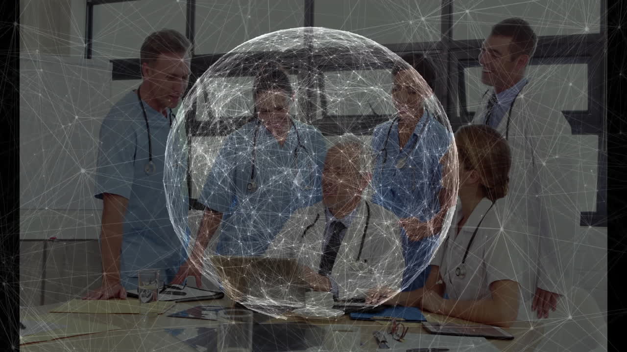 Six medical professionals reviewing patient charts at conference table, with animated data overlays