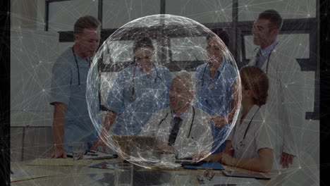 six medical professionals reviewing patient charts at conference table, with animated data overlays
