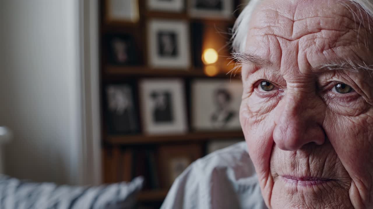 Close-up video frame of an elderly person with a thoughtful expression, shot at eye level