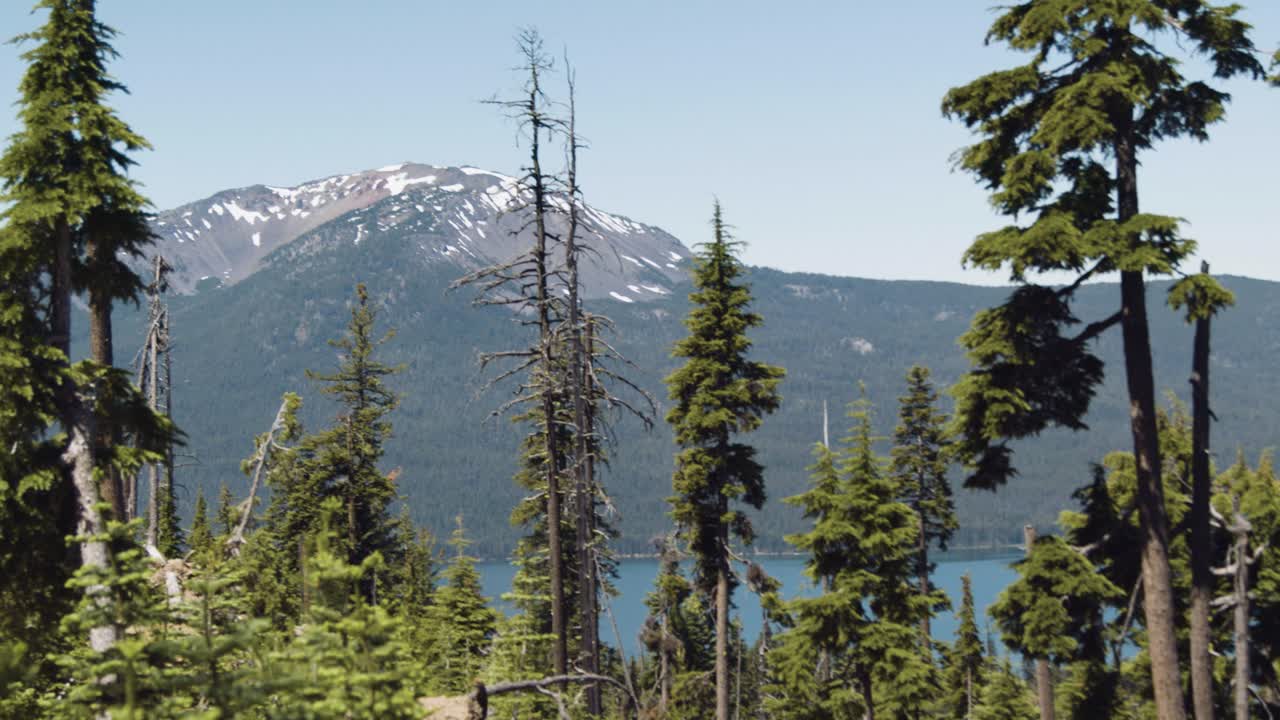 pan de montaña distante y lago con forrest dividiéndolos