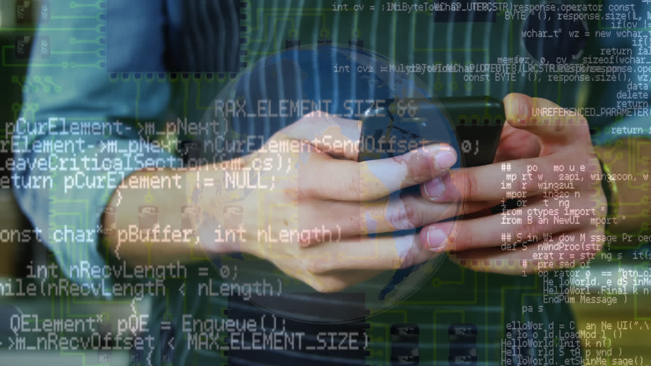 Animation of data processing over hands of caucasian waiter using smartphone