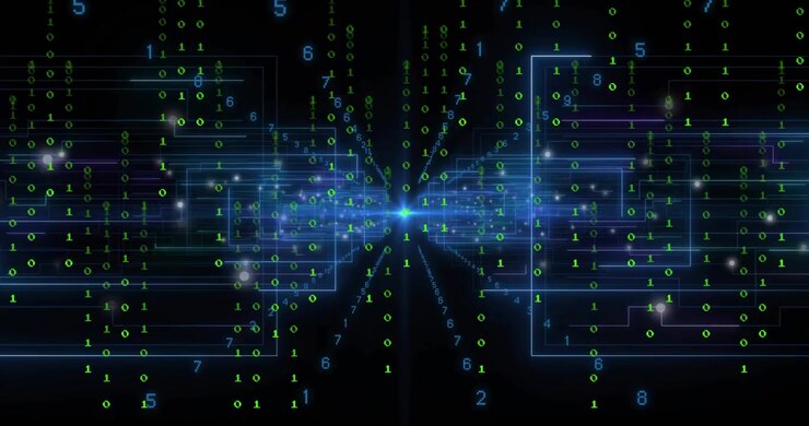 Core blue node lighting, sending neon paths while binary digits streaming inward, visualizing flow