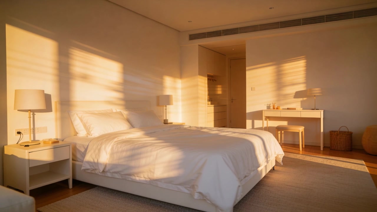Luce solare dorata che si sposta attraverso la camera da letto dalla finestra, segnando il passare del tempo su un letto matrimoniale.