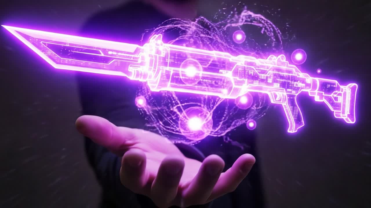 A Stunning Visualization of a Futuristic Energy Blade: A Hand Holds a Glowing Purple Weapon Surrounded by Ethereal Energy in an Immersive Digital Setting