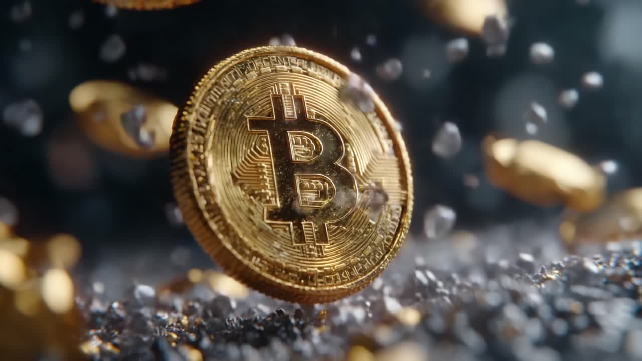 A Stunning Visual Journey Through the World of Cryptocurrency: The Golden Bitcoin Coin Amongst a Shower of Digital Currency in a Futuristic Setting