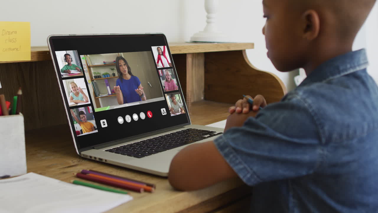 Composite video of boy using laptop, with interface and diverse class and teacher in online lesson