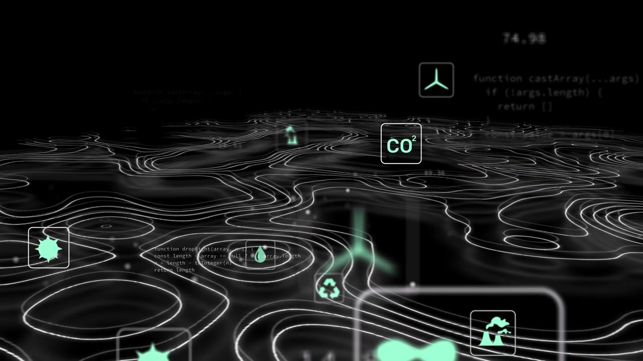 Camera starting neon contour grid and holo data layer, icons drifting, pulsing, showing data