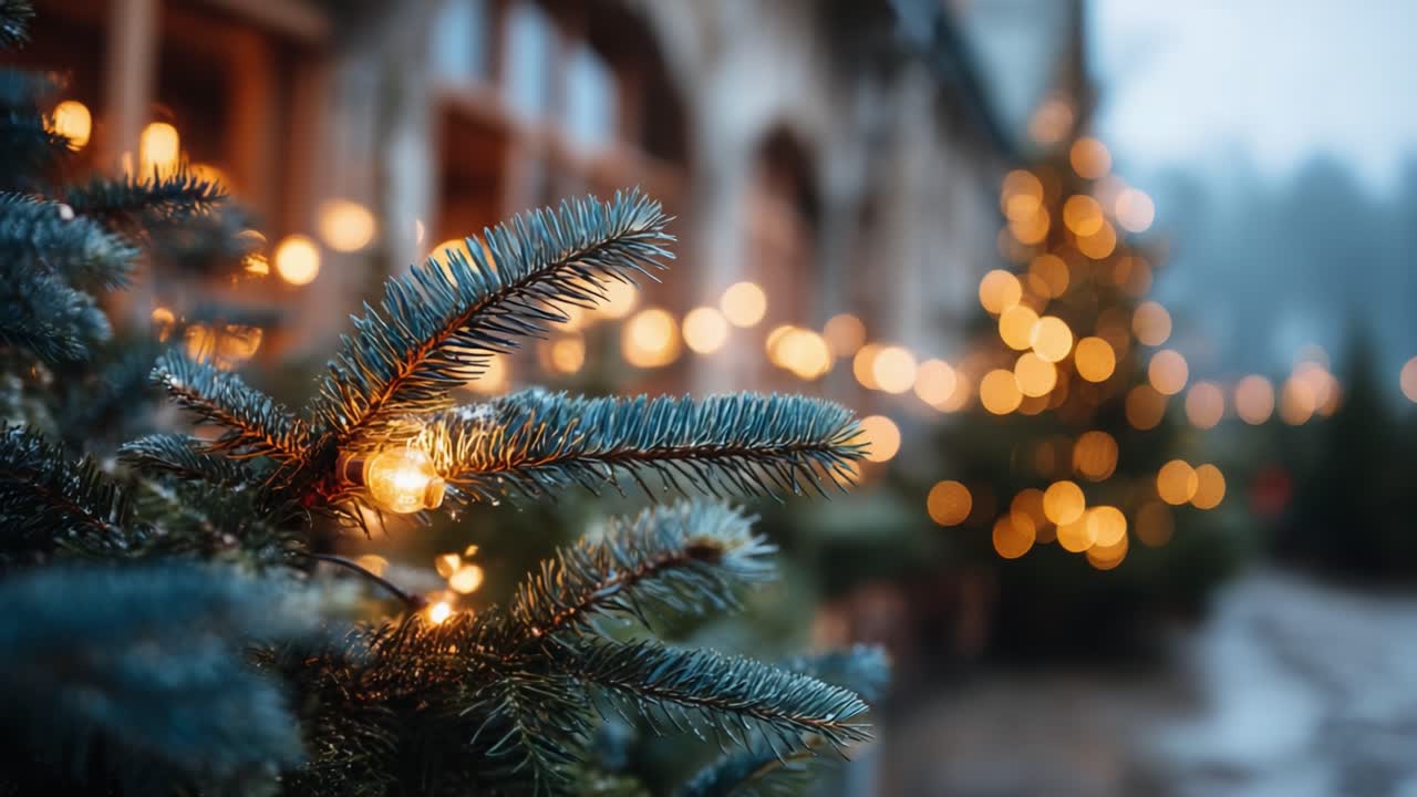 Festive Holiday Scene Captured: A Close-Up of Evergreen Branches Adorned with Glowing String Lights Against a Blurred Background of a Christmas Market