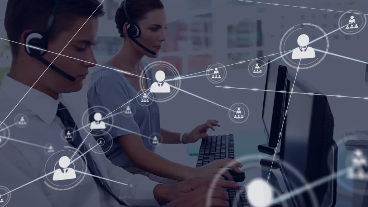 Animation of connected icons over diverse customer representatives working on computer at office