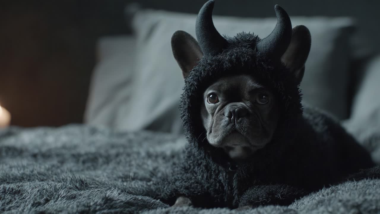 Adorable French Bulldog Dressed in a Fluffy Black Devil Costume on a Cozy Bed, Capturing the Playful Spirit of Pets in Unique Outfits