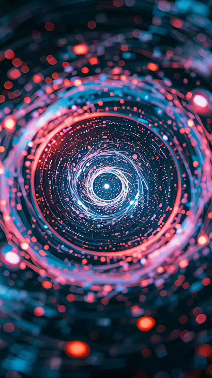 Video verticale: telecamera che si muove in avanti ruotando in un tunnel CGI a vortice verso il nucleo e gli anelli