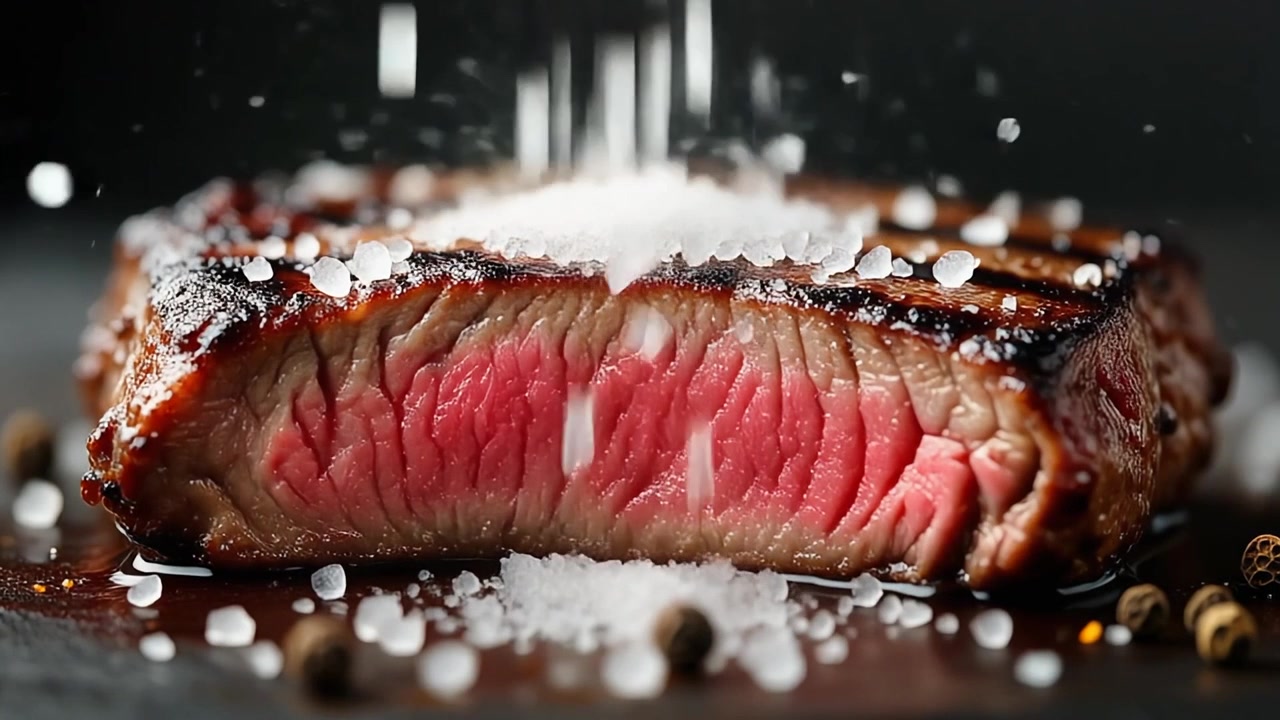 Coarse Sea Salt Sprinkled Over a Grilled Beef Steak