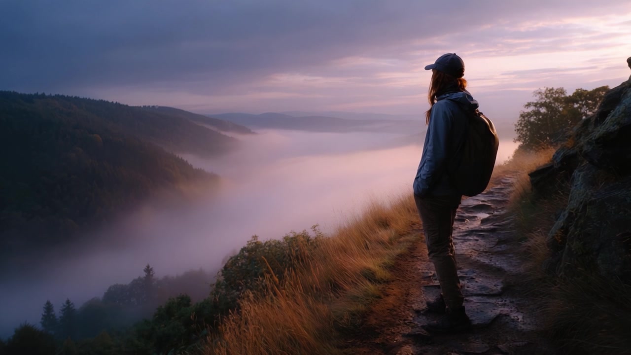 A solitary figure gazes over a misty valley at dawn, capturing the serene beauty of nature as the first light of day begins to illuminate the landscape.