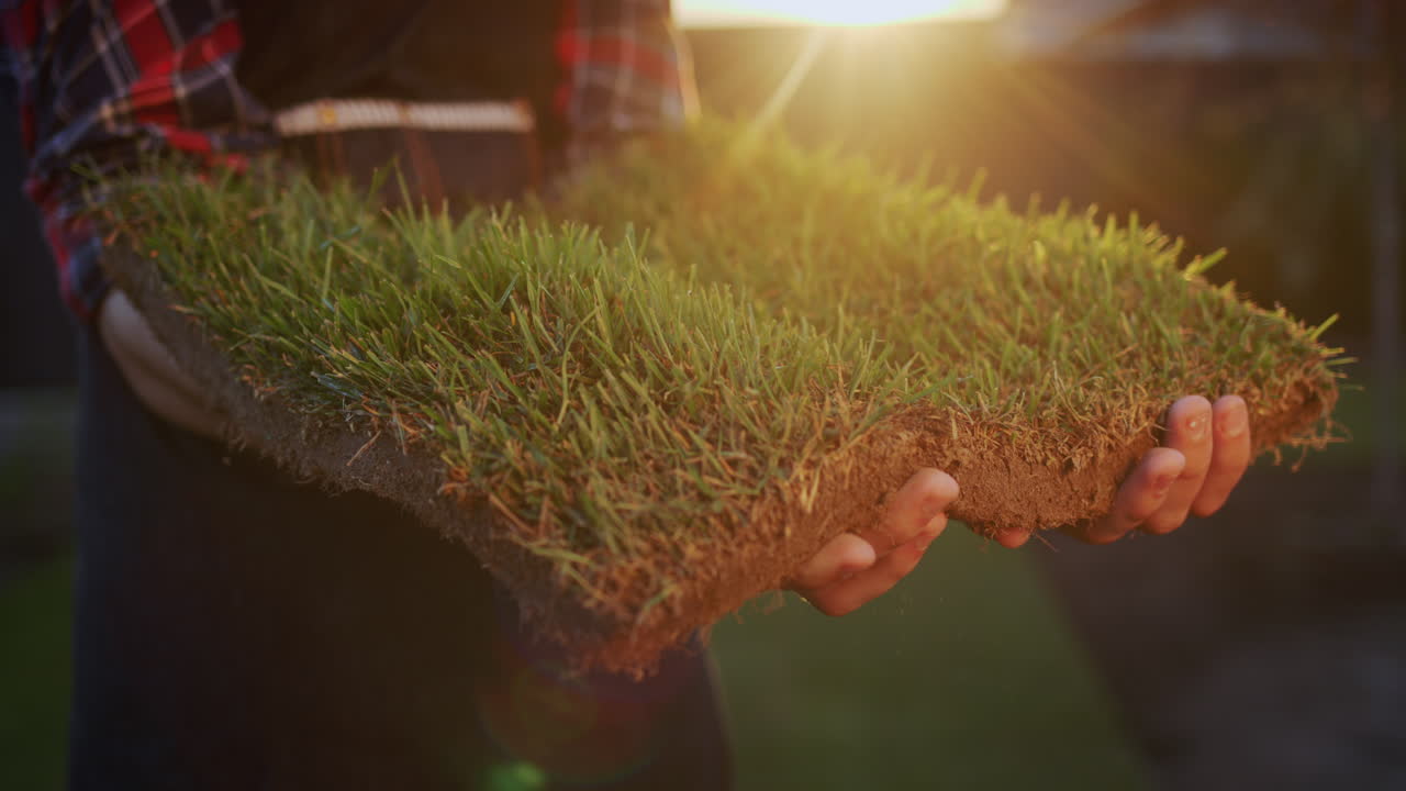 The farmer's hands are holding a piece of land with green grass. Land trade and ecology concept