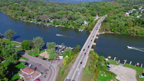 overview-of-bridge-above-Fox-River-in-Crystal-Lake,-Illinois,-USA