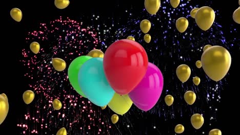 animation of colourful multiple fireworks and balloons floating on black background