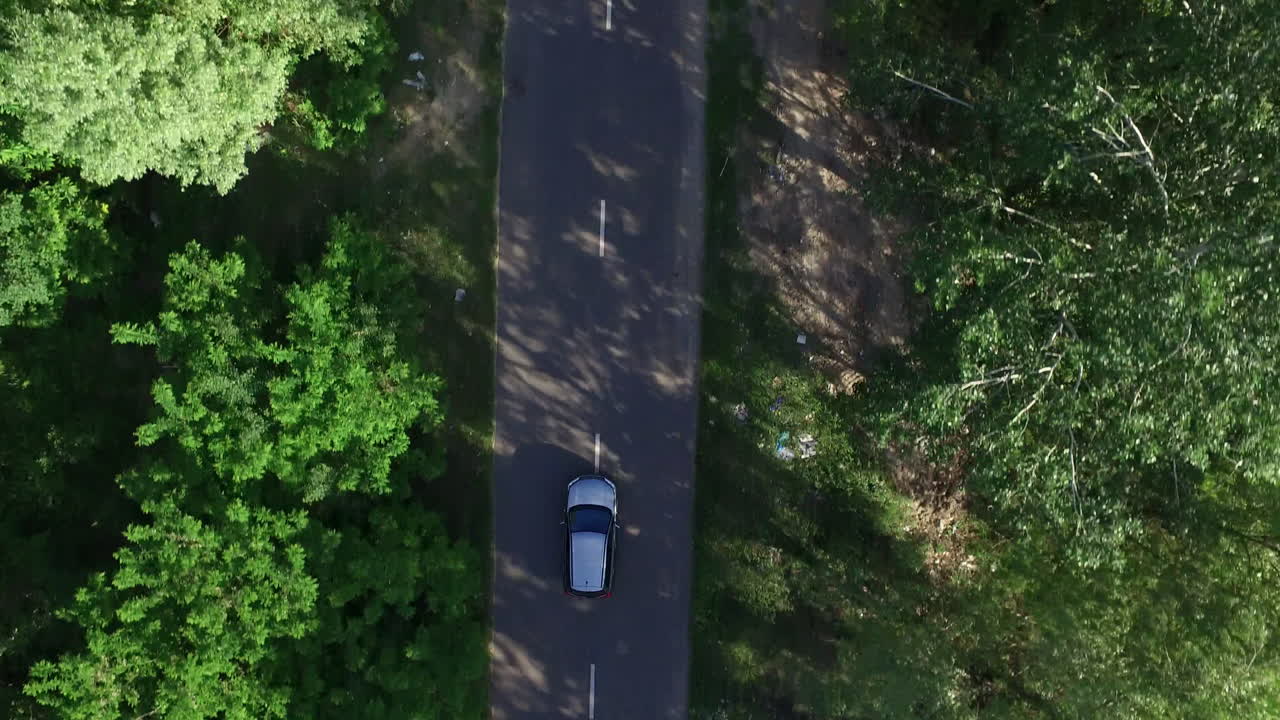 Auto vista dall'alto che guida su strada asfaltata oltre la campagna di alberi verdi