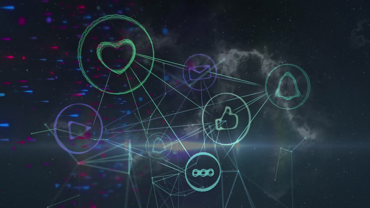 검은색 바탕에 아이콘을 가진 연결 위에 파란색 점의 애니메이션