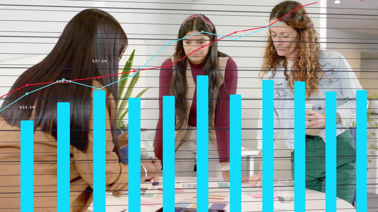 Gráficos apareciendo a mitad del clip, tres mujeres con blazers y vaqueros revisando notas, usando una tableta para planificar.