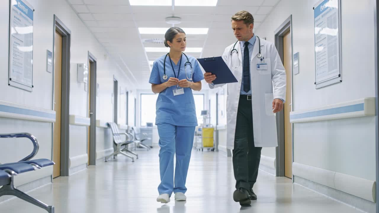 Starting rounds doctor in coat holding clipboard and nurse in blue ...