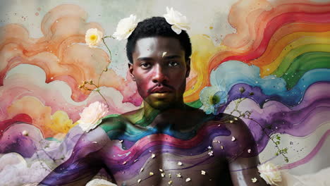 vibrant and ethereal portrait of a man with rainbow watercolor and flowers