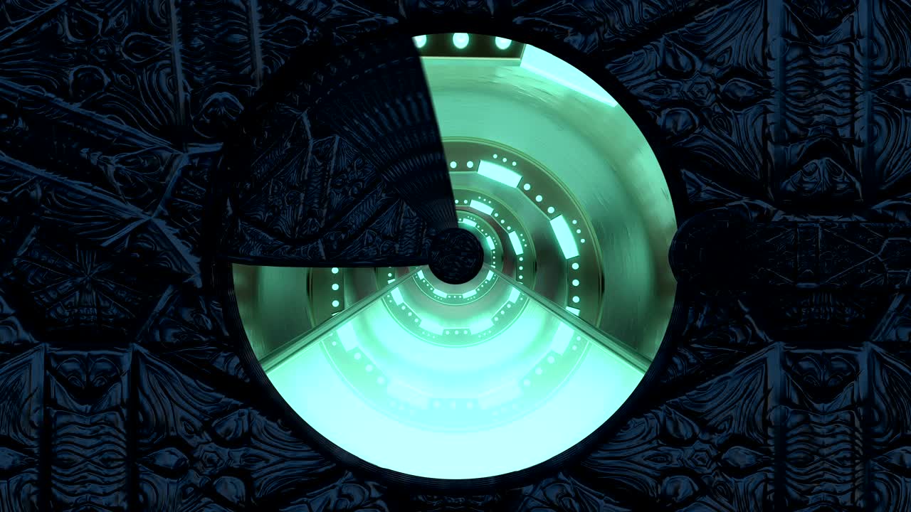 스톤 게이트웨이는 우주선 풍경 장면에 대한 파노라마 뷰를 열고, 네온 조명과 함께 공상 과학 복도의 3d 추상적인 배경, 기술 타이틀과 배경에 대한 미래 기술 vj.