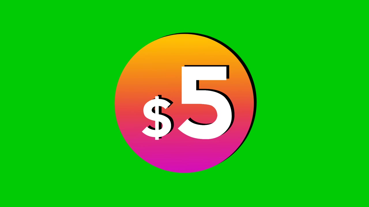 Animation price tag $5 Dollars in colorful circle motion graphics on green screen background. Perfect for ads, e-commerce, retail, discounts, and promotion business concept video element