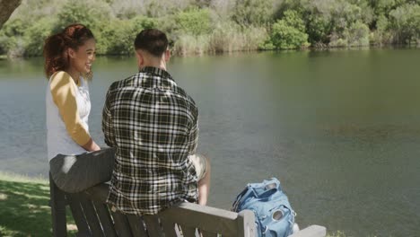 feliz pareja afroamericana sentada en un banco en el lago en el bosque, cámara lenta