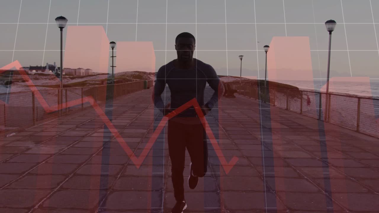 Homme faisant du jogging sur un sentier côtier, sa montre envoyant une superposition animée de données de fitness avec une grille, un graphique rouge suivant le rythme.