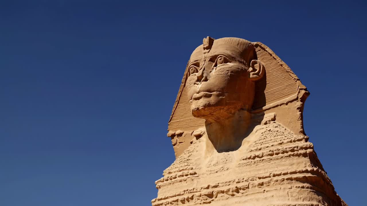 Video of the Sphinx in Egypt, captured from a low-angle view, highlighting its majestic features
