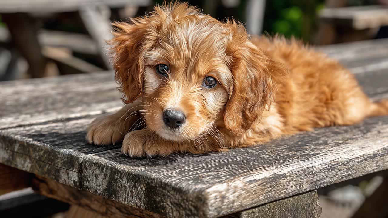 Un affascinante cucciolo dorato che si rilassa su un tavolo di legno invecchiato, catturando l'innocenza e la giocosità dei cani giovani che si godono l'aria aperta.
