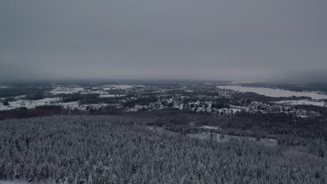 Vista-Aérea-De-Un-Pequeño-Pueblo-En-Un-Bosque-Nevado-Y-Frío