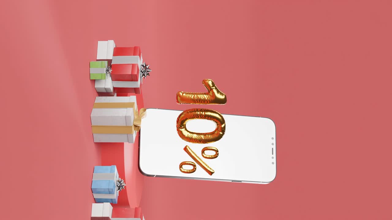 teléfono inteligente que muestra un 10 % dorado al lado de cajas de regalos variadas sobre fondo rojo vertical