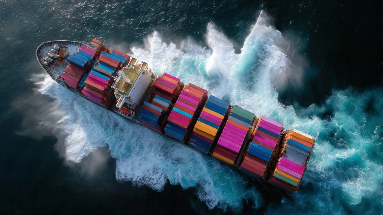 Aerial View of a Container Ship Navigating Through the Ocean, Surrounded by Vibrant Colored Cargo Containers as It Leaves a Trail of White Wake Water Behind