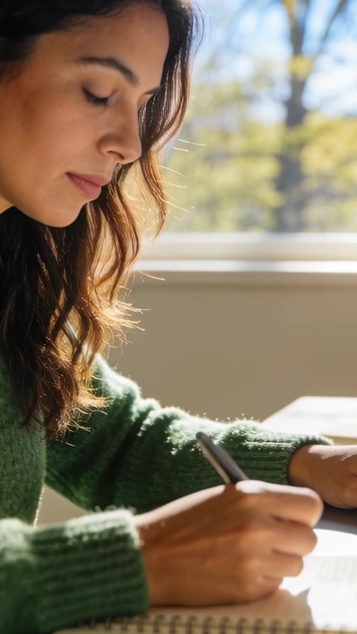 Video verticale: Donna con maglione verde, illuminata dal sole, che scrive su un blocco a spirale a una scrivania vicino alla finestra, con un laptop.