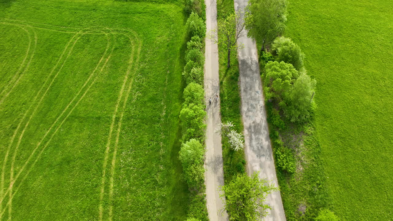 푸른 과 나무로 둘러싸인 두 명의 바이커가 타고 있는 시골 도로의 공중 풍경