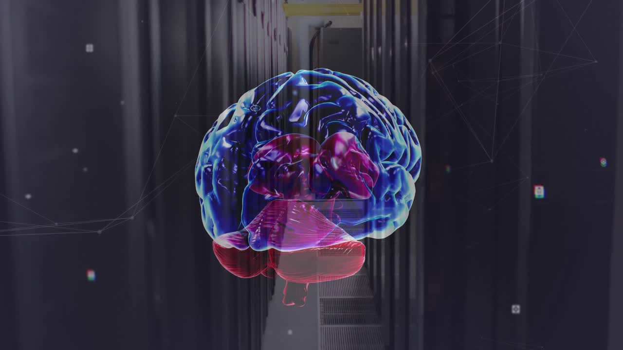 Animation of network of connections and brain over server room