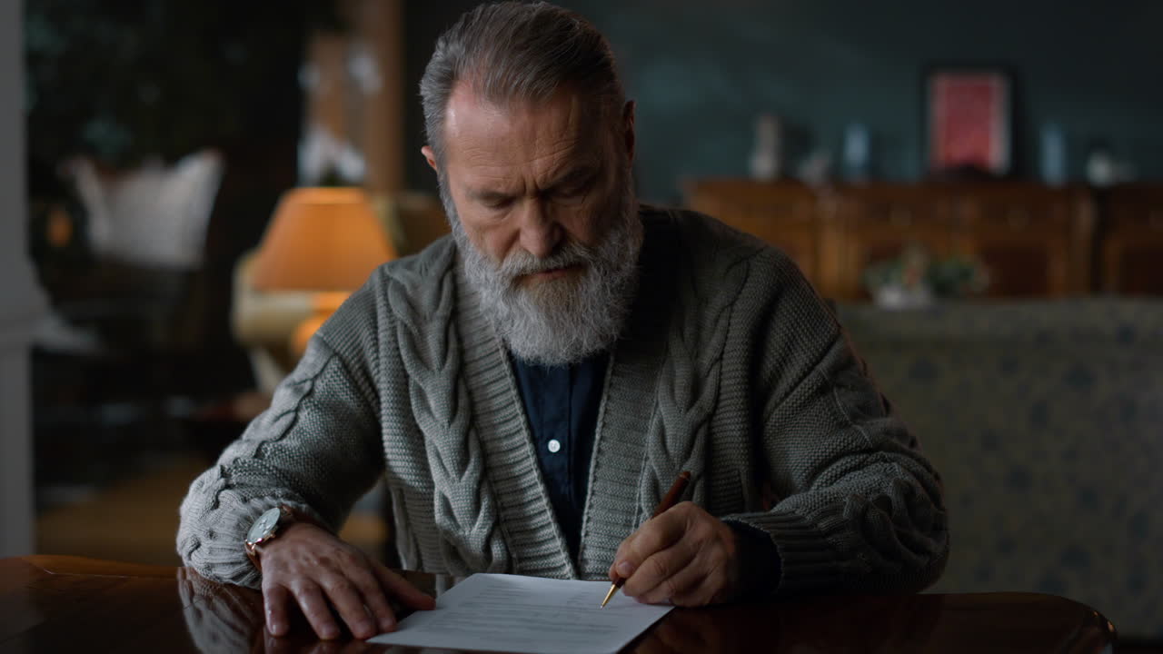 anciano leyendo contratos casa de lujo. anciano trabajando documentos