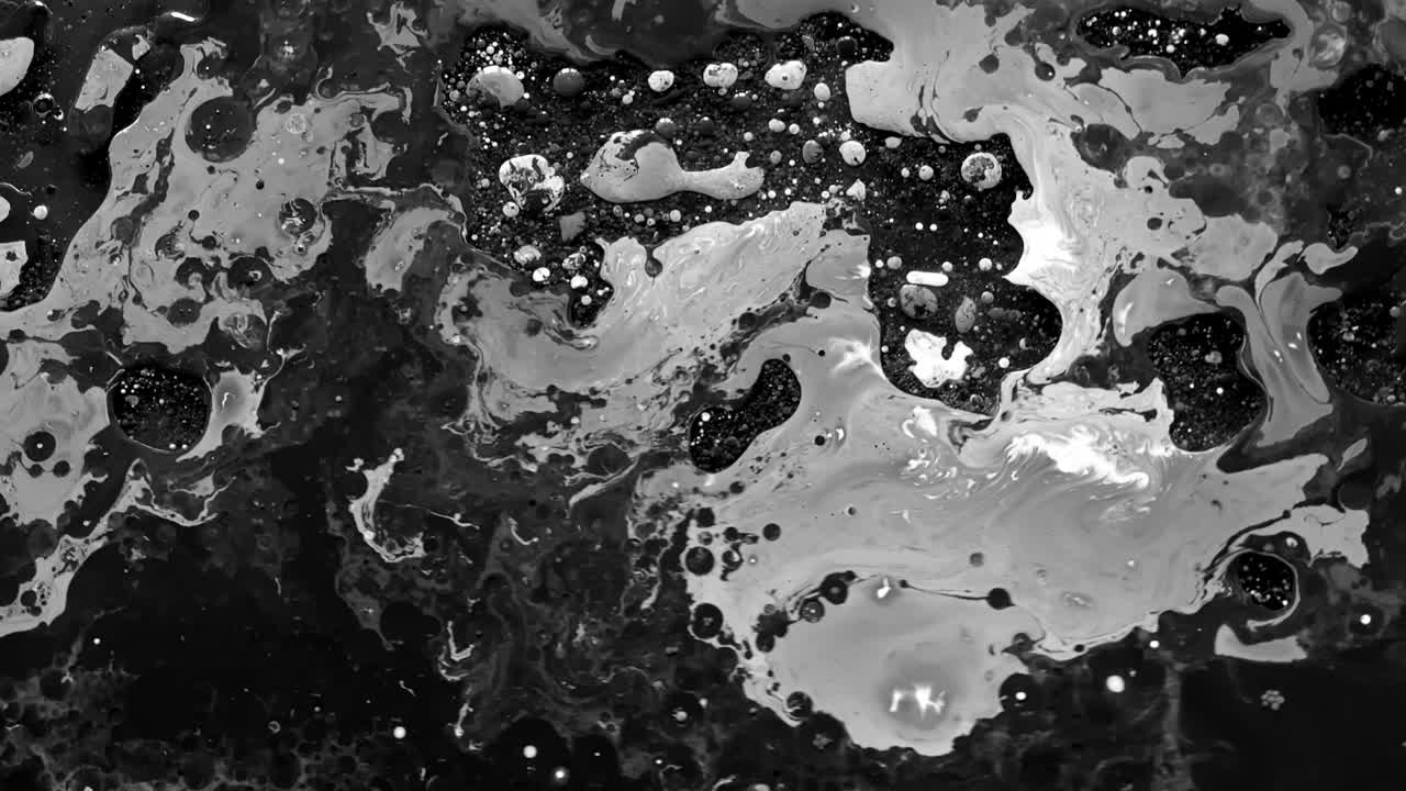 녹은 금속, 납, 기름 물에 검은색과 색 수채화 잉크.